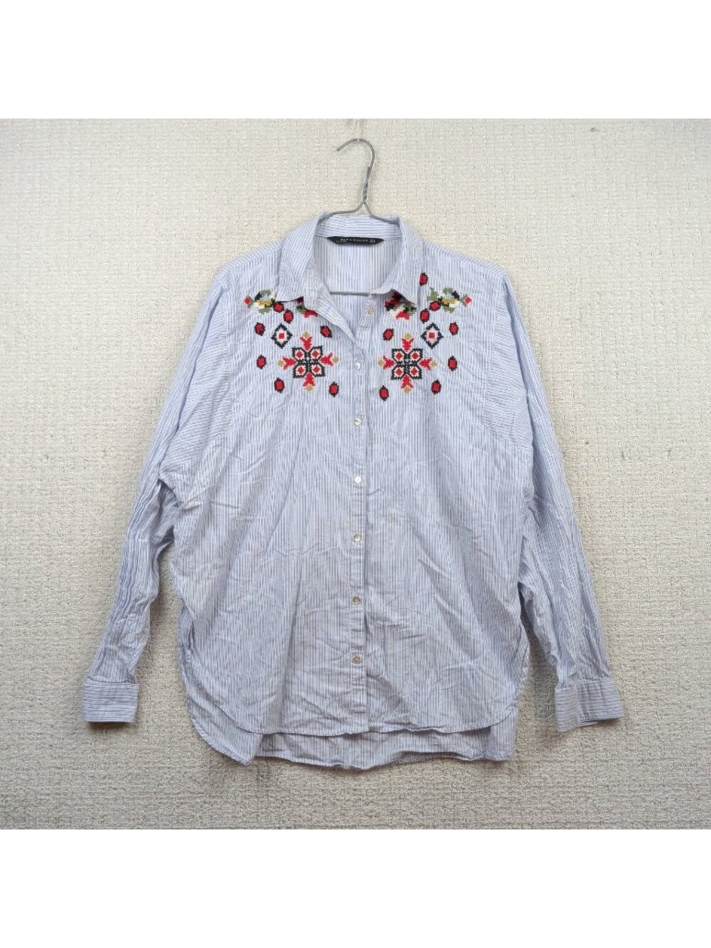 Zara Button Down Striped Shirt Blouse Aztec Southwestern Floral Needlepoint S